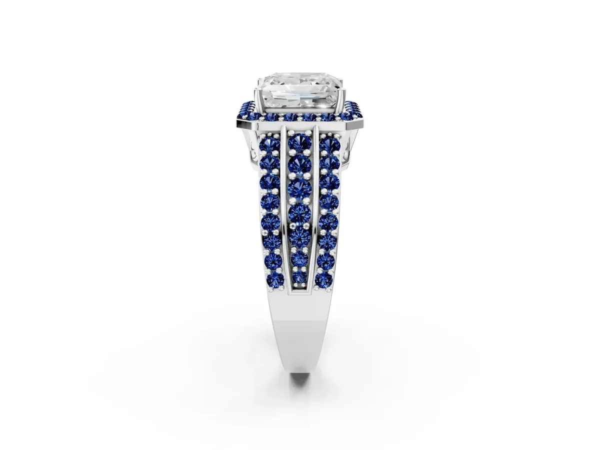 Princess Cut Halo Diamond Ring with Round Blue Sapphire Split Shank and Prong Setting Platinum