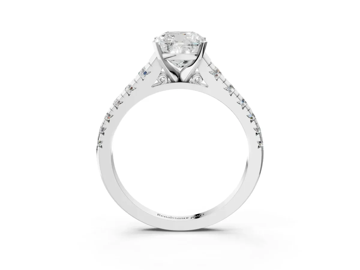 Cushion Cut Diamond Cathedral Solitaire Ring with Round Moissanite Pavé Band White gold