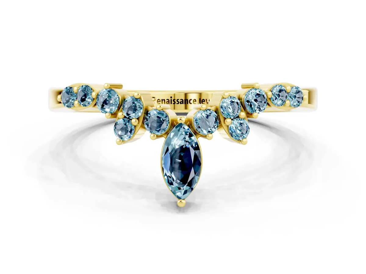 Marquise and Round Aquamarine Chevron Band with Prong Setting Yellow gold