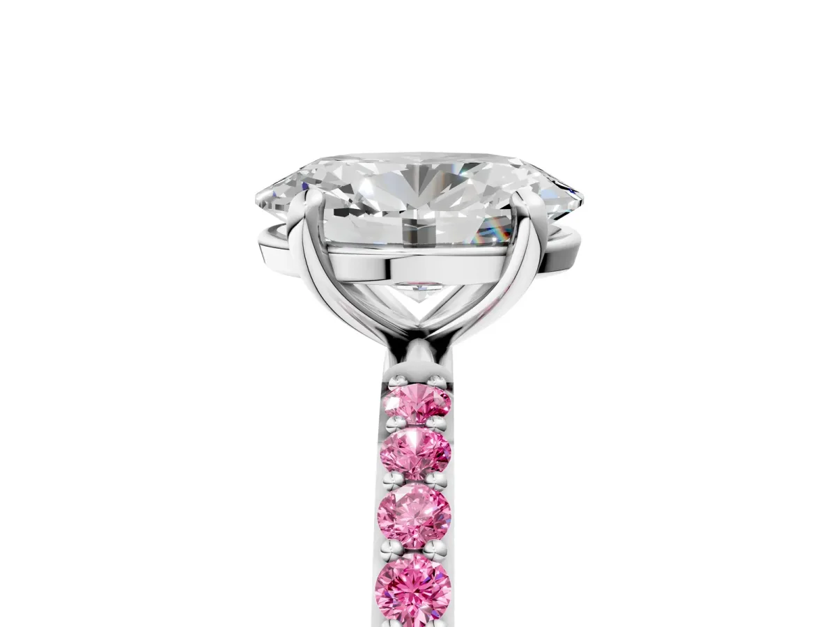 Oval Cut Diamond Solitaire Ring with Round Pink Sapphire Pavé Band and Prong Setting Platinum