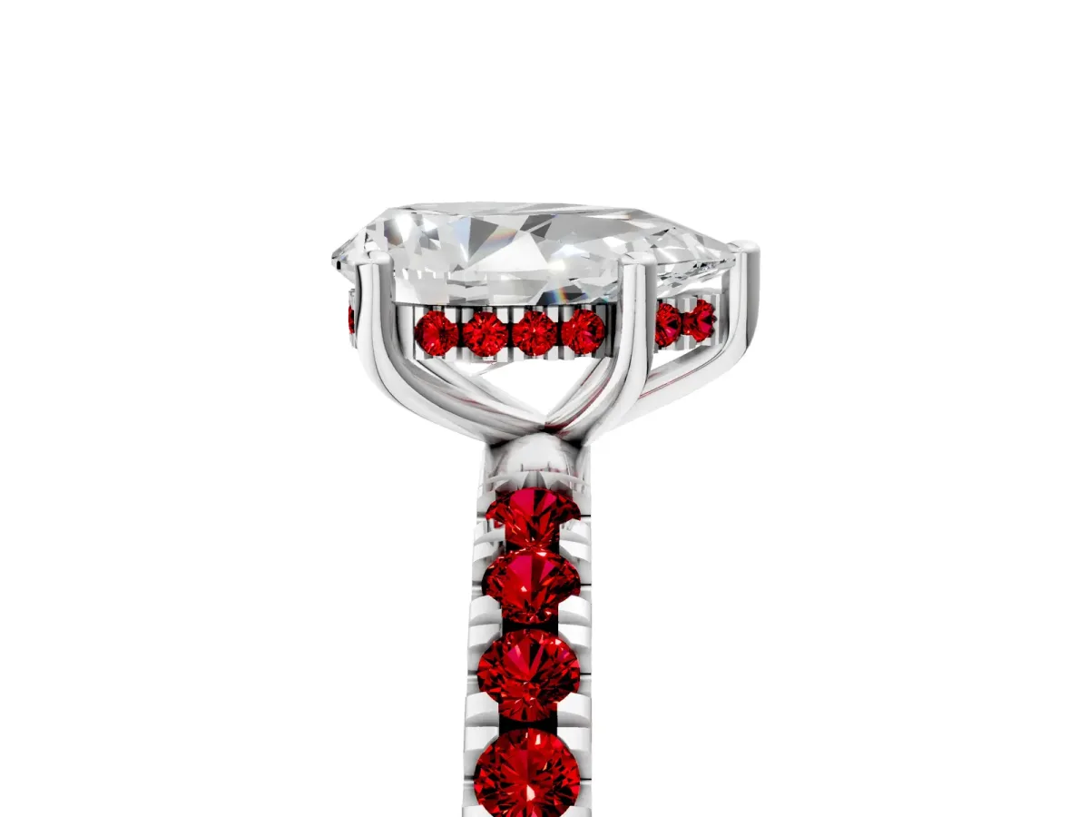 Pear Cut Diamond Pave Band Solitaire Ring with Round Ruby and Prong Setting Platinum