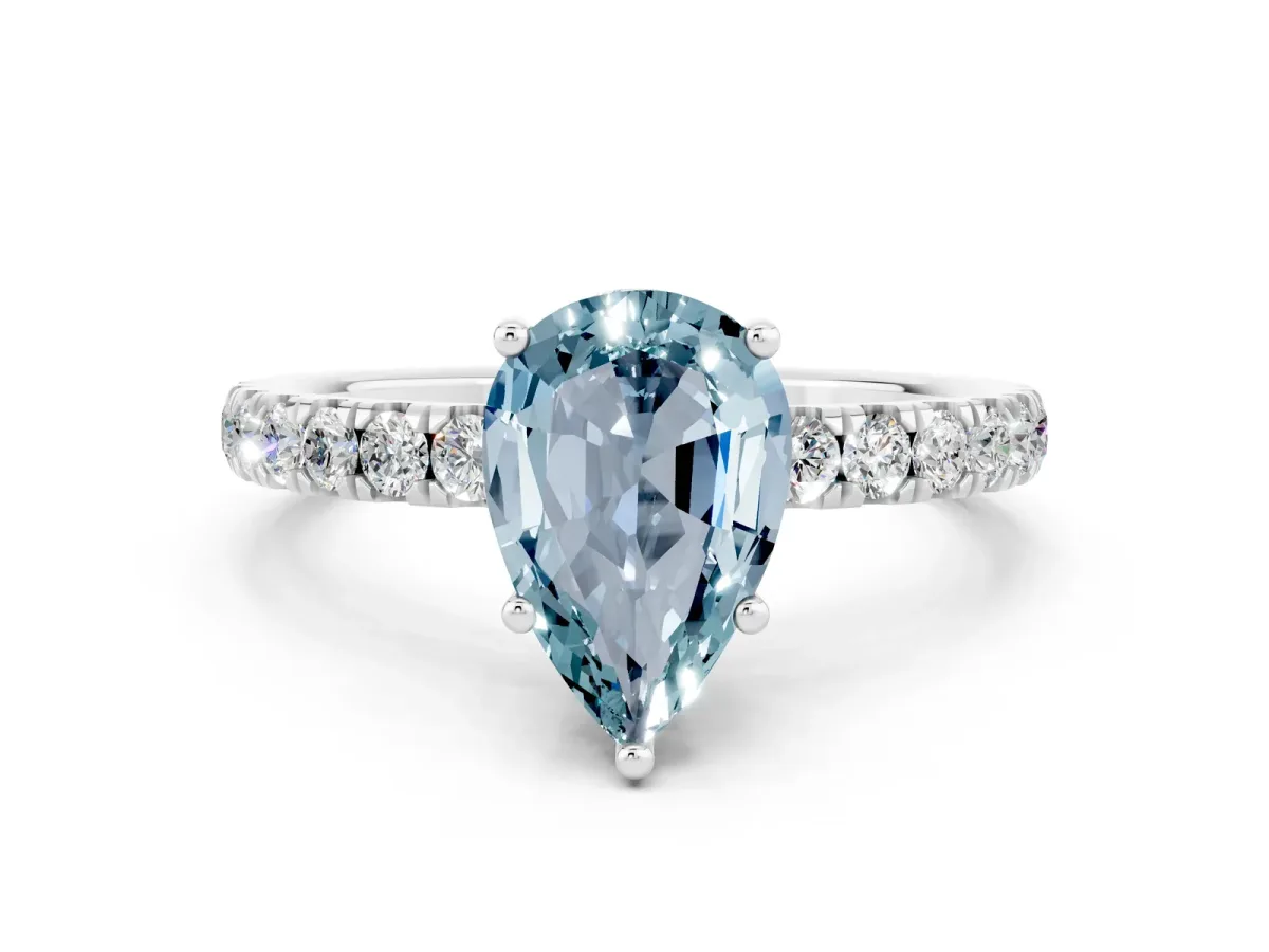 Pear Cut Aquamarine Pave Band Solitaire Ring with Round and Prong Setting White gold