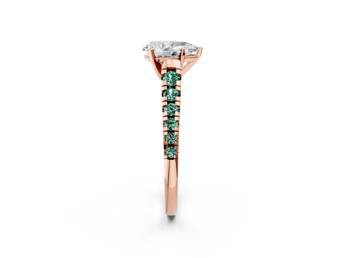 Pear Cut Diamond Cathedral Solitaire Ring with Round Green Sapphire Pavé Band Rose gold