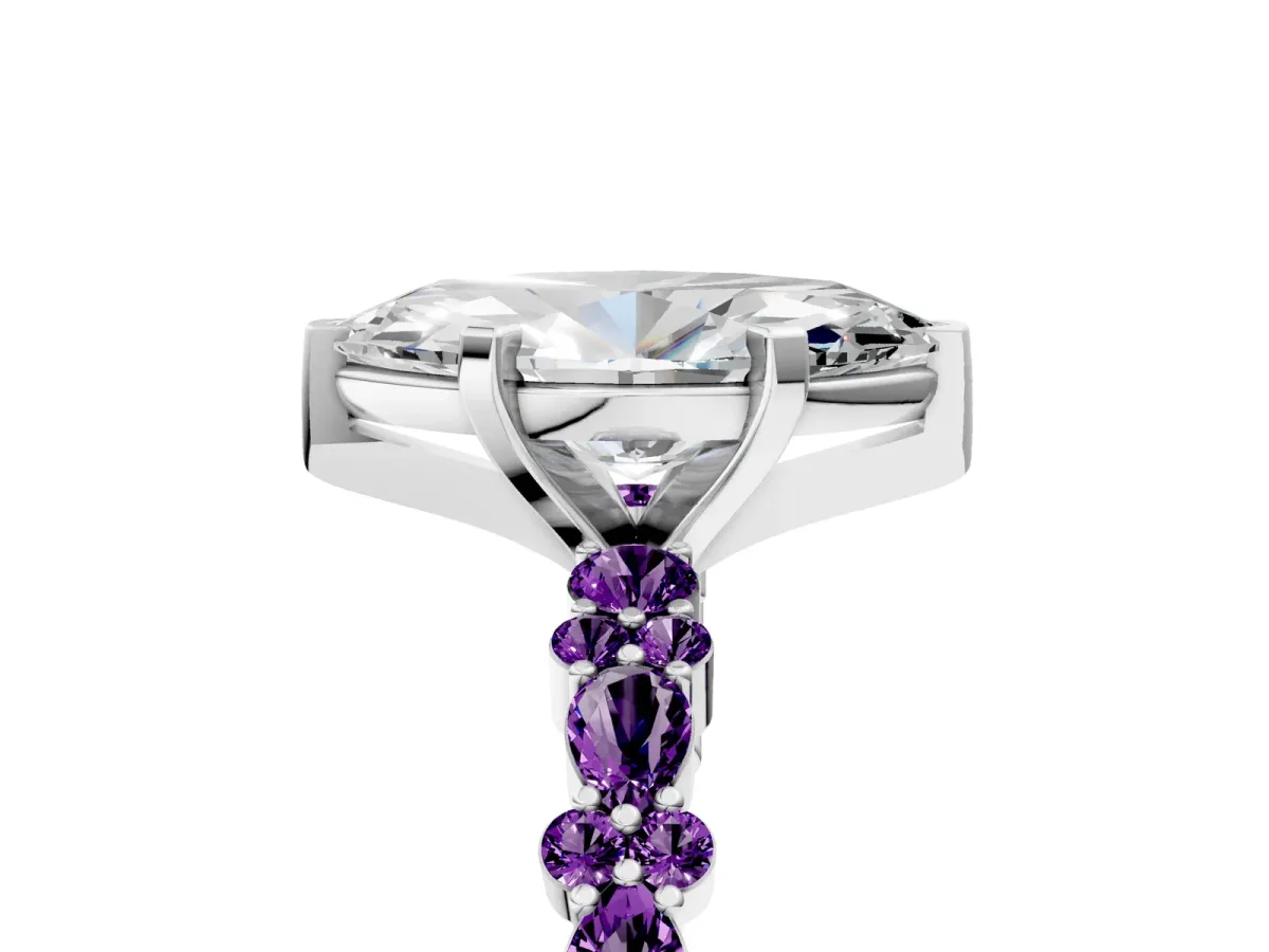 Marquise Cut Diamond Side Stone Solitaire Ring with Round Amethyst and Four-Prong Setting Platinum
