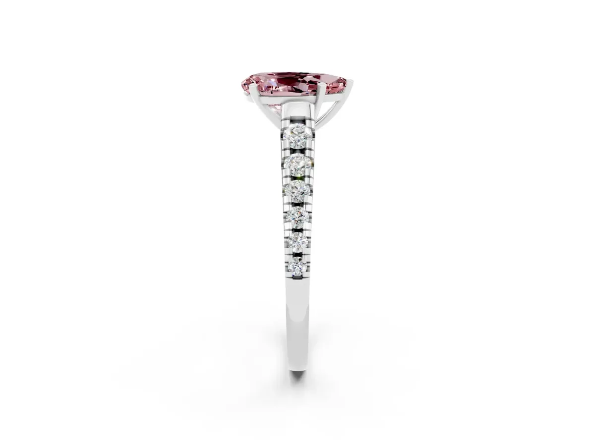 Pear Cut Morganite Cathedral Solitaire Ring with Round Pavé Band White gold