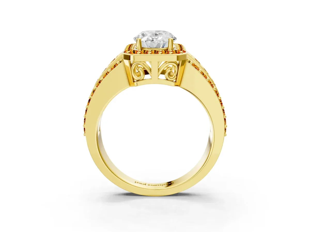 Oval Cut Halo Diamond Ring with Round Citrine Split Shank and Prong Setting Yellow gold