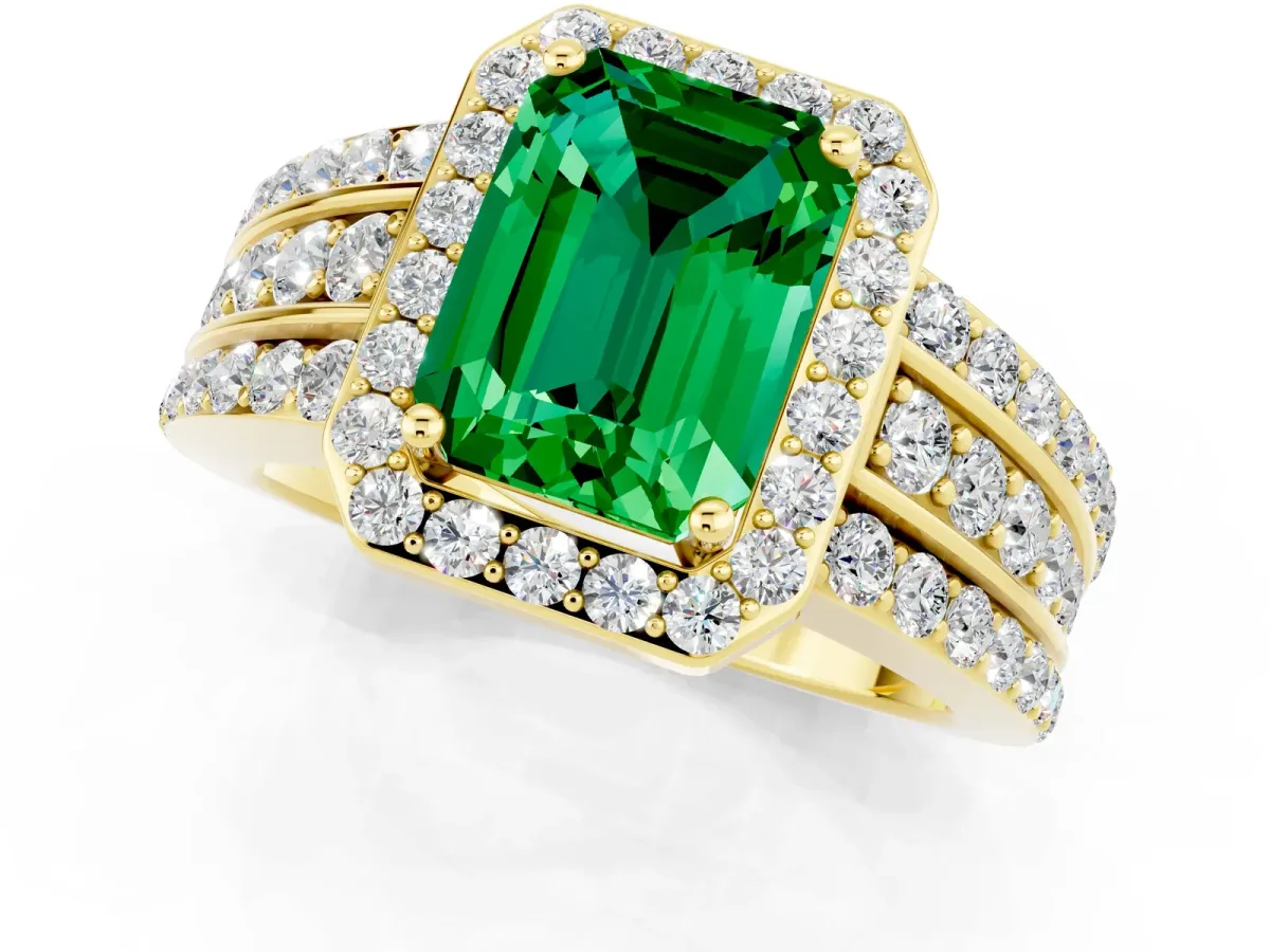 Emerald Cut Halo Emerald Ring with Round Split Shank and Prong Setting Yellow gold