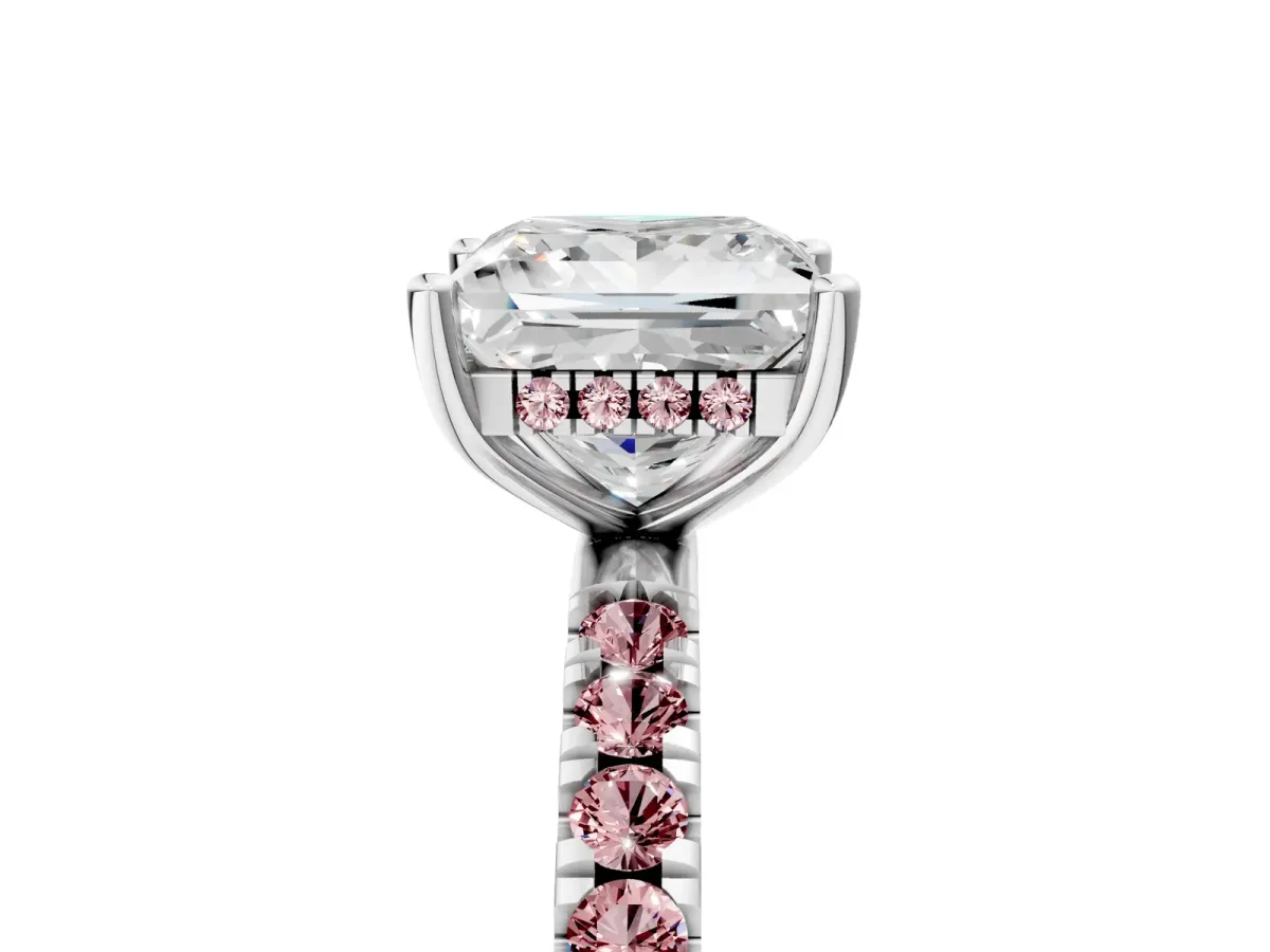 Princess Cut Diamond Pave Band Solitaire Ring with Round Morganite and Prong Setting Silver