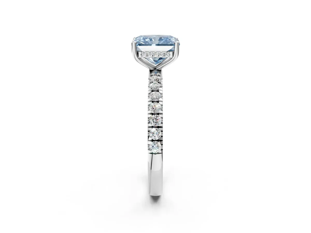 Fancy Blue Radiant Cut Diamond Pave Band Solitaire Ring with Round and Prong Setting Silver