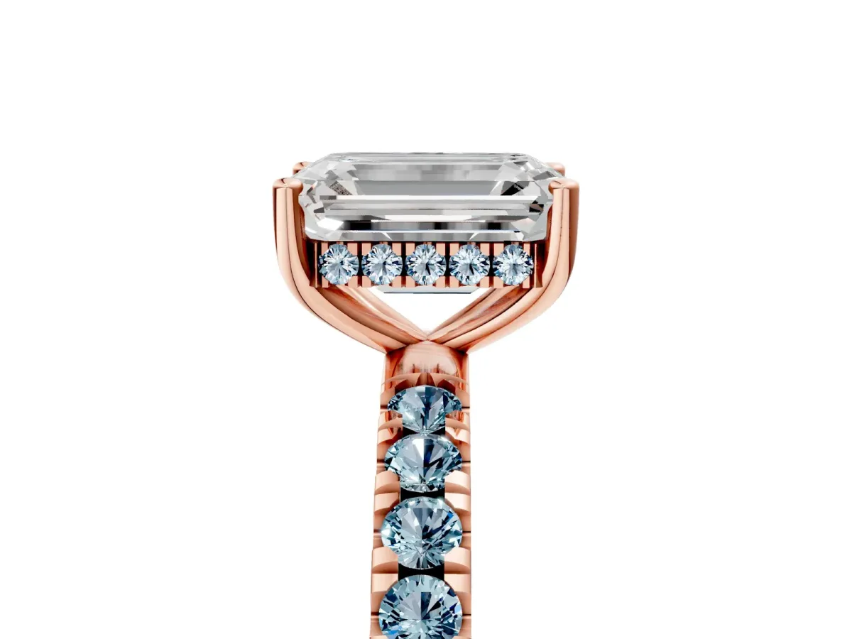 Emerald Cut Diamond Pave Band Solitaire Ring with Round Aquamarine and Prong Setting Rose gold