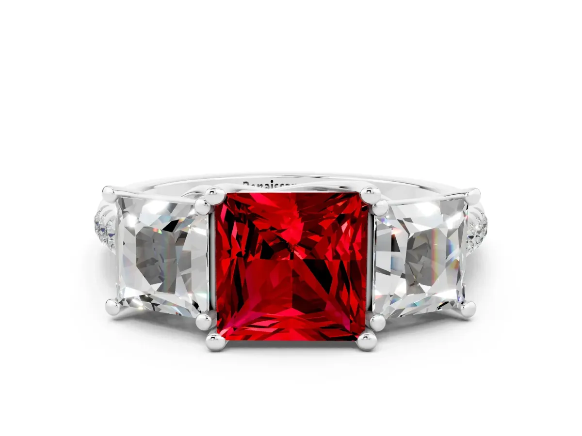 Three-Stone Princess Cut Ruby Ring with Round Pavé Band and Prong Setting Silver