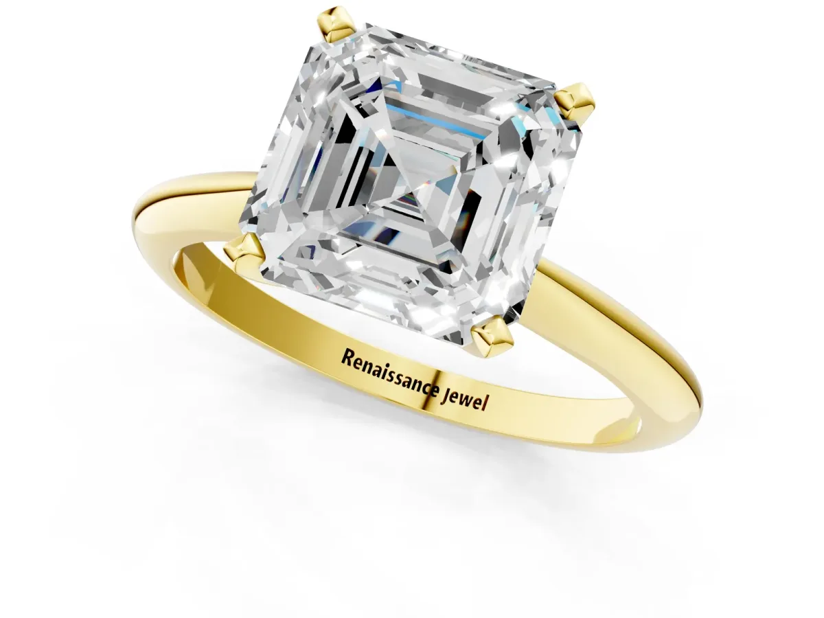 Asscher Cut Diamond Solitaire Engagement Ring with Classic Band and Four-Prong Setting Yellow gold
