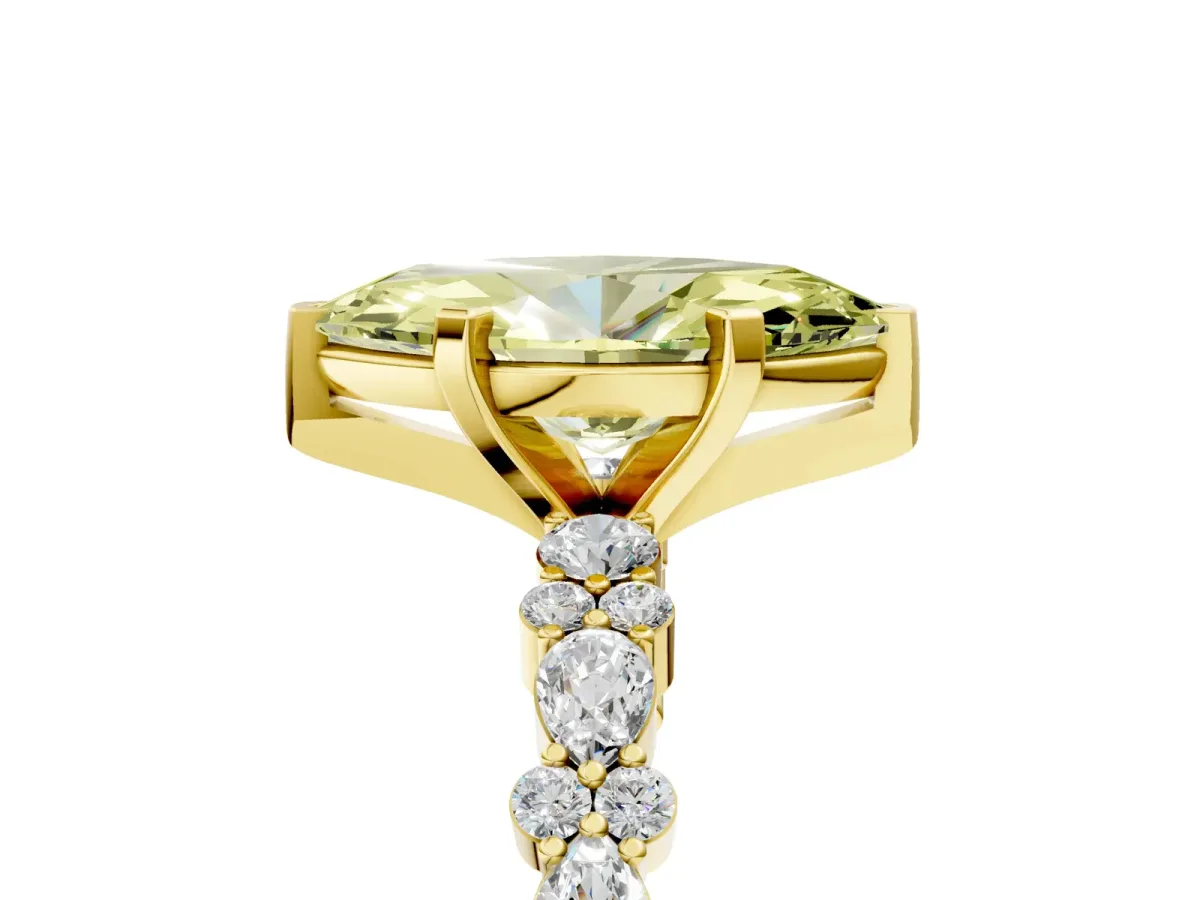 Fancy Yellow Marquise Cut Diamond Side Stone Solitaire Ring with Round and Four-Prong Setting Yellow gold