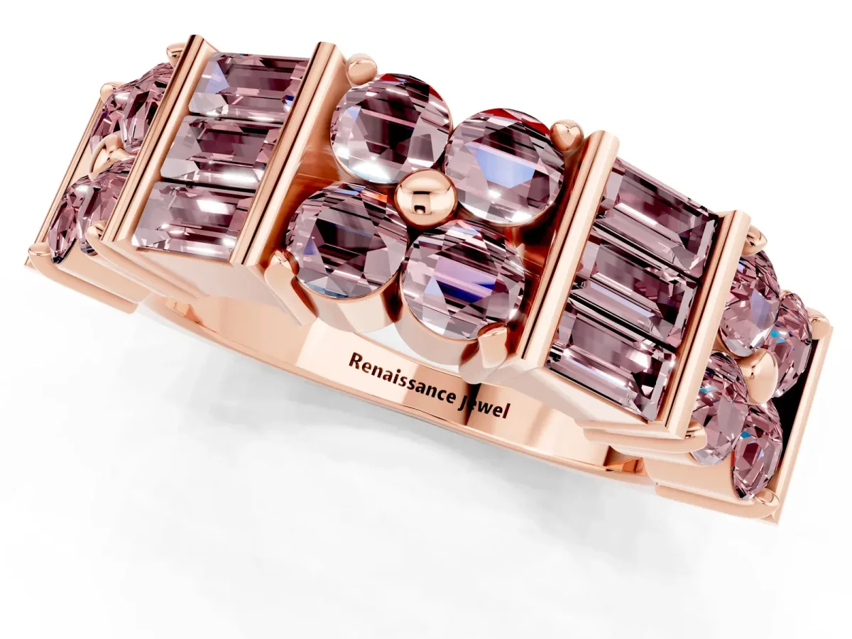 Channel Set Round and Baguette Morganite Anniversary Band with Prong Setting Rose gold