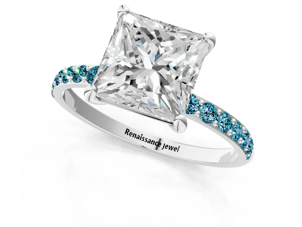 Princess Cut Diamond Solitaire Ring with Round Blue Topaz Pavé Band and Prong Setting Silver