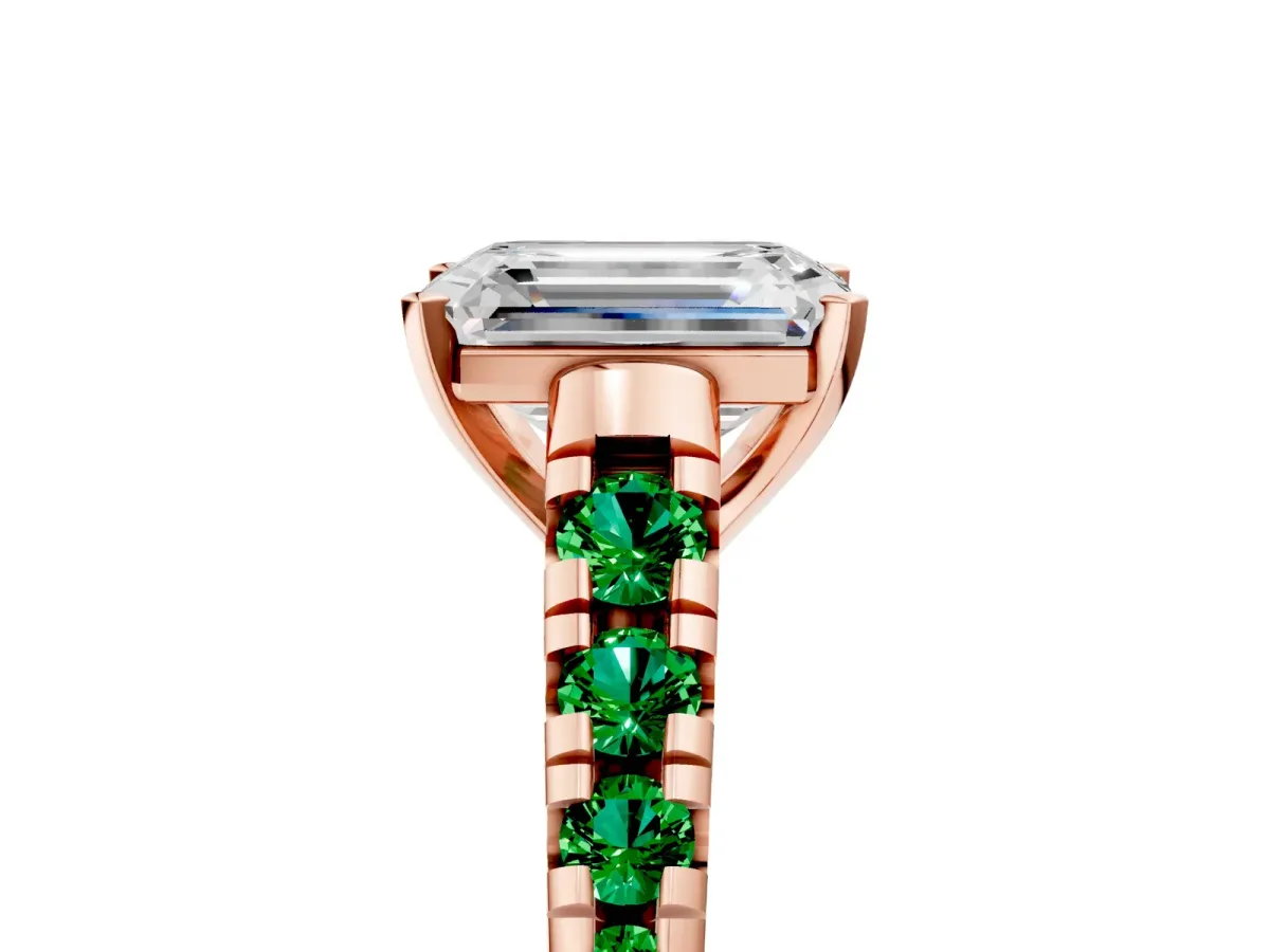 Emerald Cut Diamond Cathedral Solitaire Ring with Round Emerald Pavé Band Rose gold