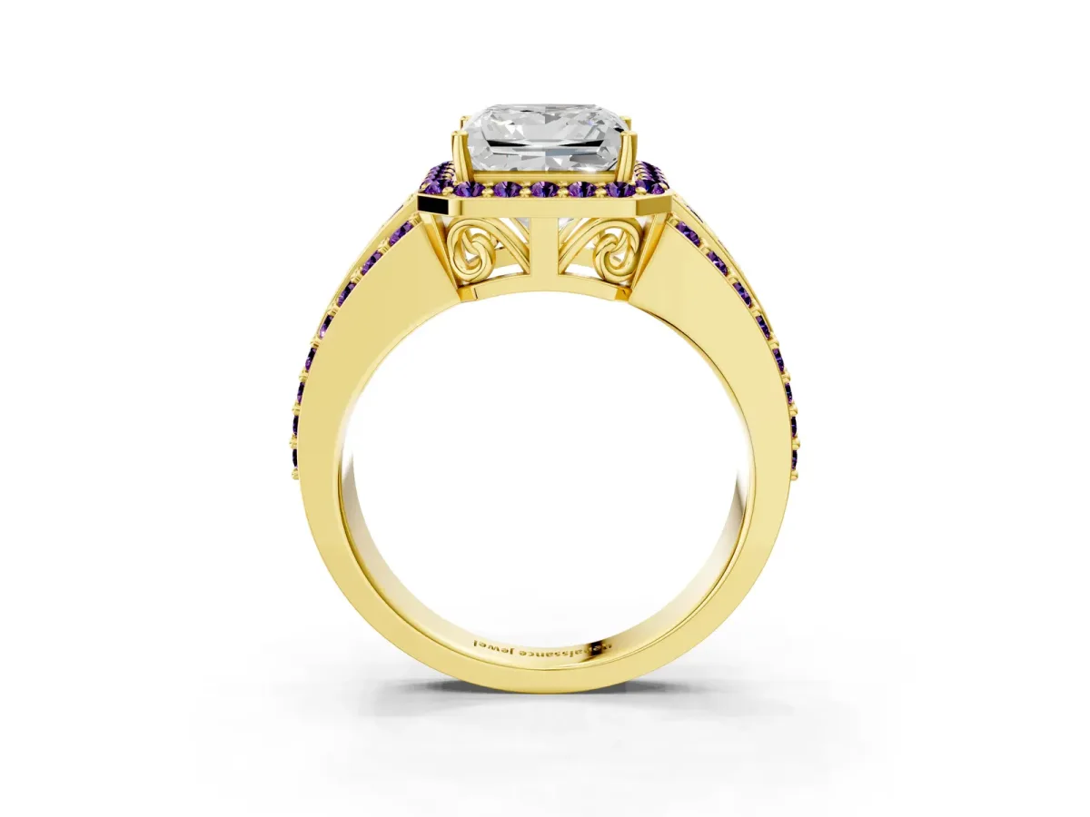 Princess Cut Halo Diamond Ring with Round Amethyst Split Shank and Prong Setting Yellow gold