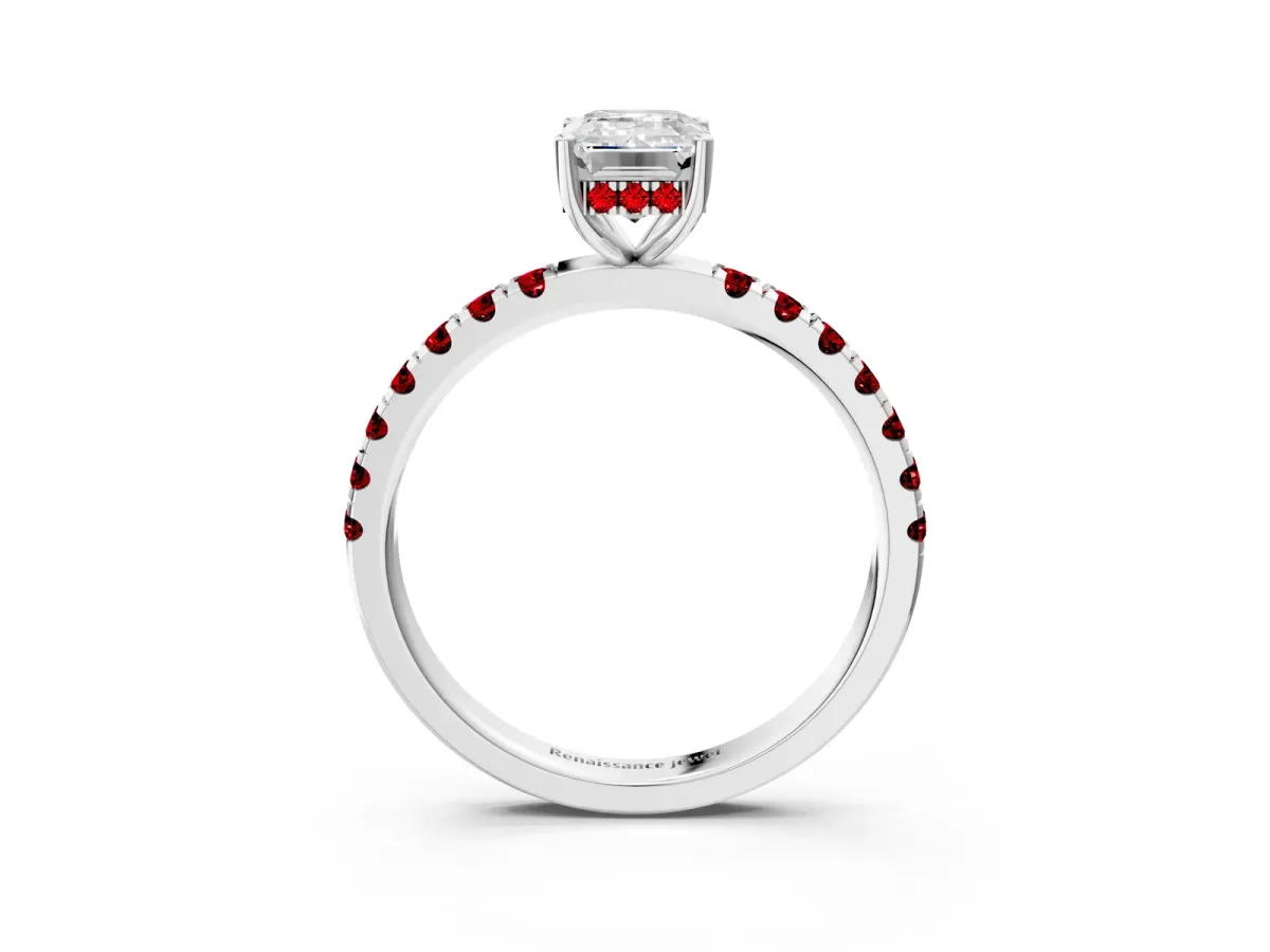 Emerald Cut Diamond Pave Band Solitaire Ring with Round Ruby and Prong Setting Platinum