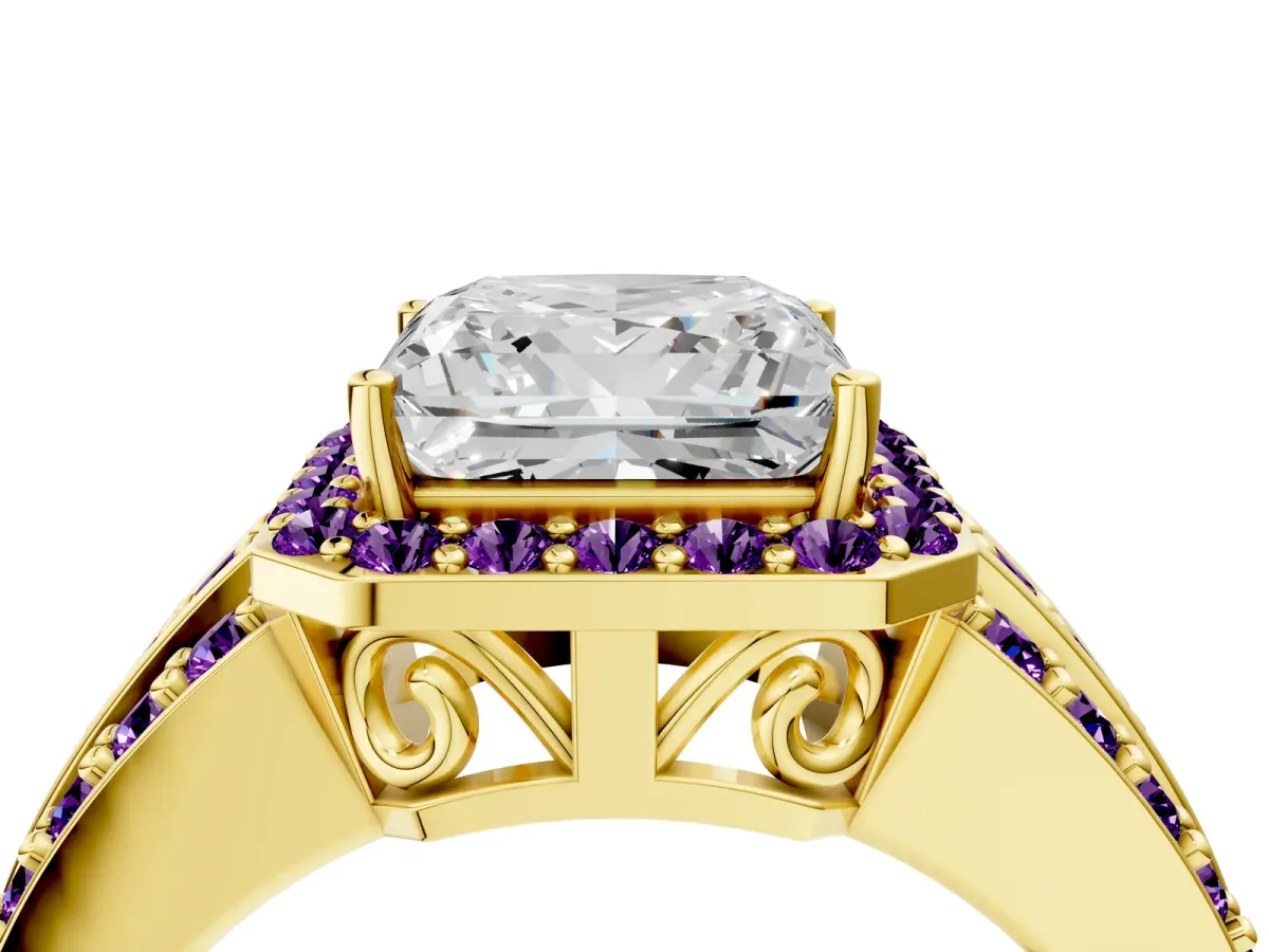 Princess Cut Halo Diamond Ring with Round Amethyst Split Shank and Prong Setting Yellow gold