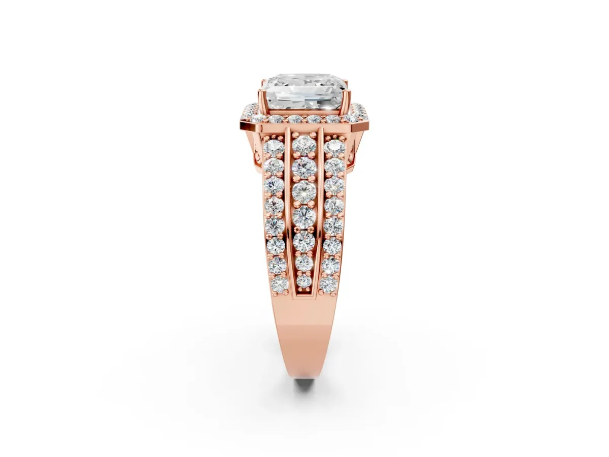 Princess Cut Halo Diamond Ring with Round Split Shank and Prong Setting Rose gold