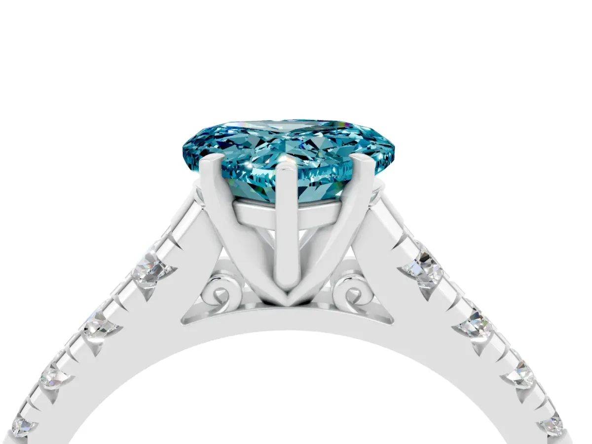 Heart Cut Blue Topaz Cathedral Solitaire Ring with Round Pavé Band Platinum