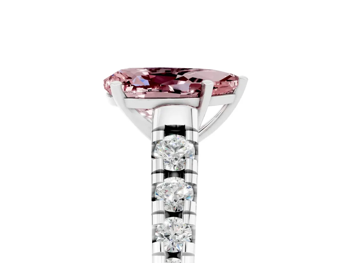 Pear Cut Morganite Cathedral Solitaire Ring with Round Pavé Band White gold