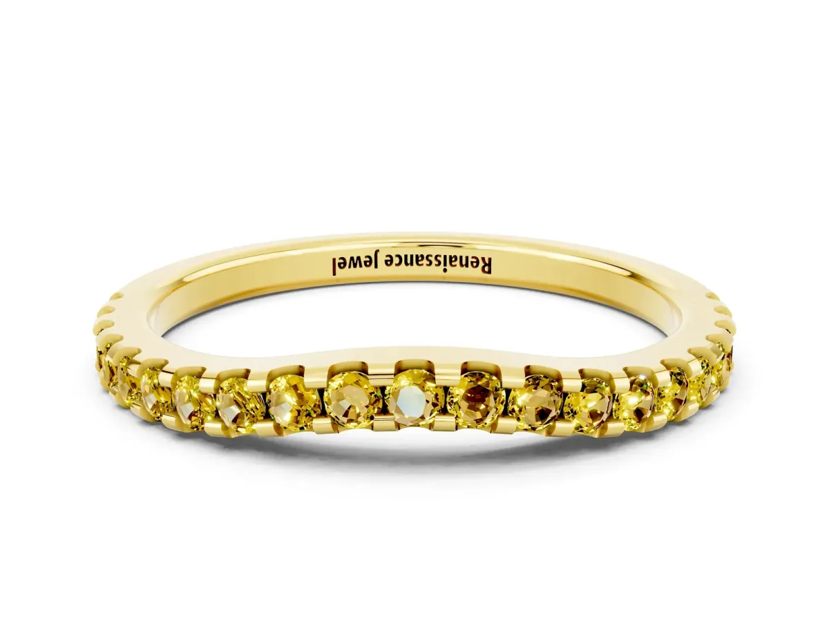 Round Yellow Sapphire Pavé Curved Wedding Band Yellow gold