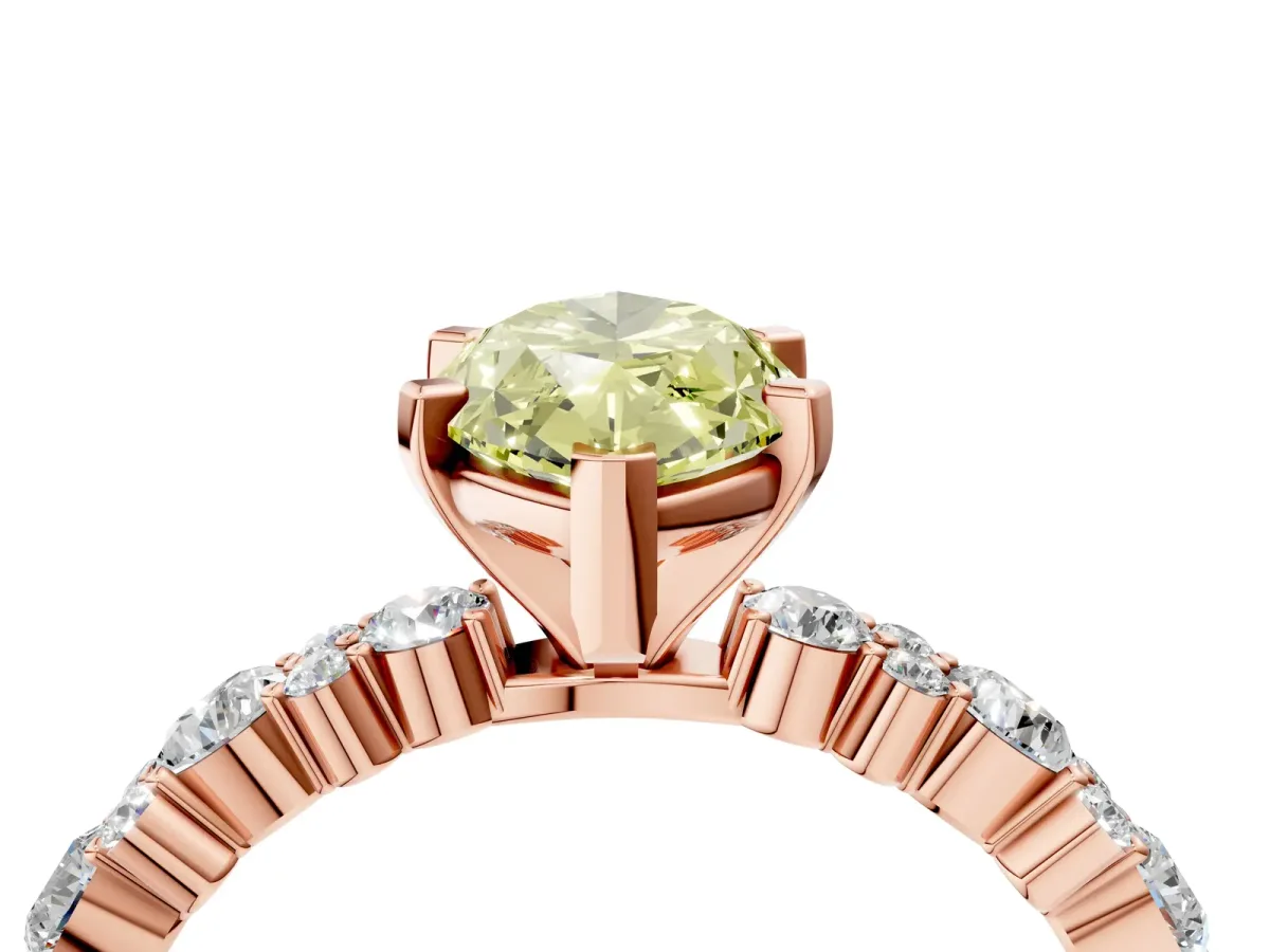Fancy Yellow Marquise Cut Diamond Side Stone Solitaire Ring with Round and Four-Prong Setting Rose gold