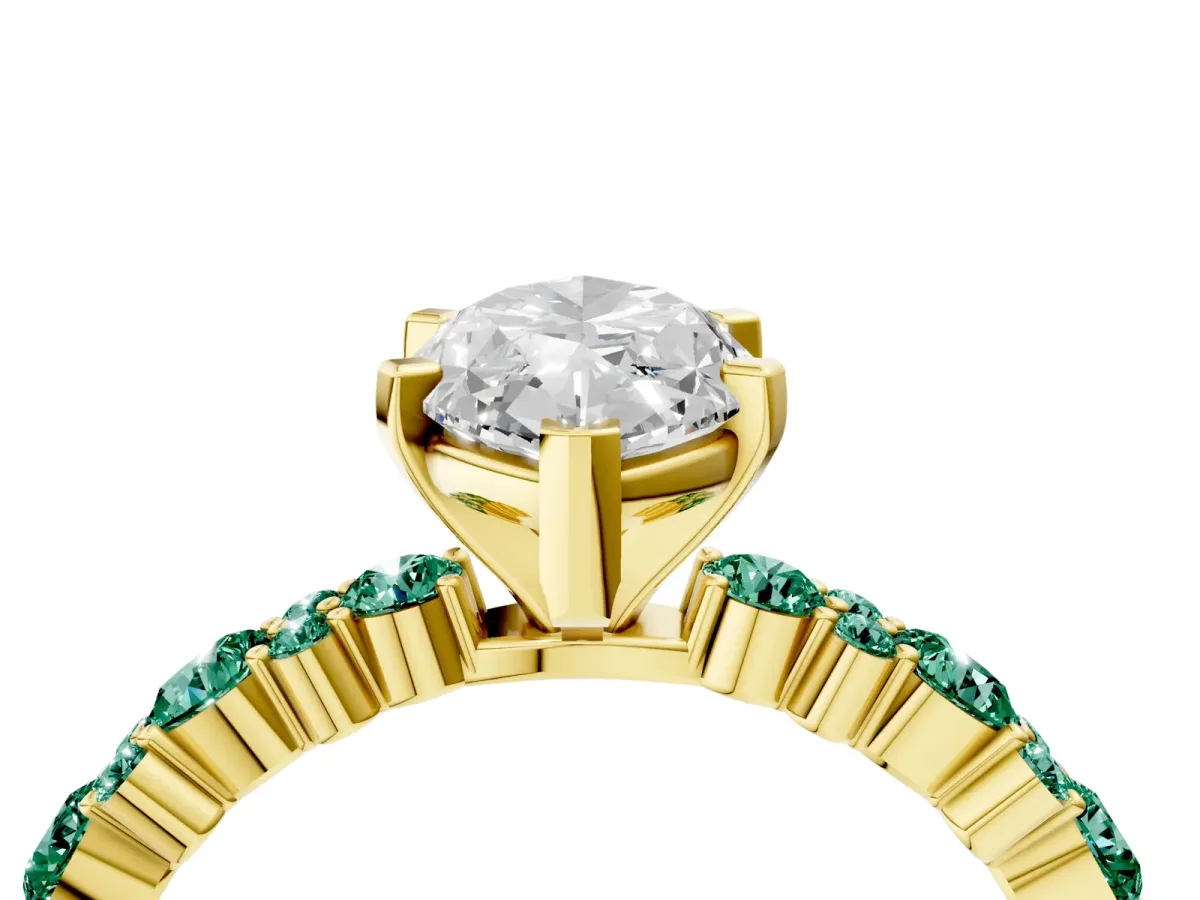 Marquise Cut Diamond Side Stone Solitaire Ring with Round Green Sapphire and Four-Prong Setting Yellow gold