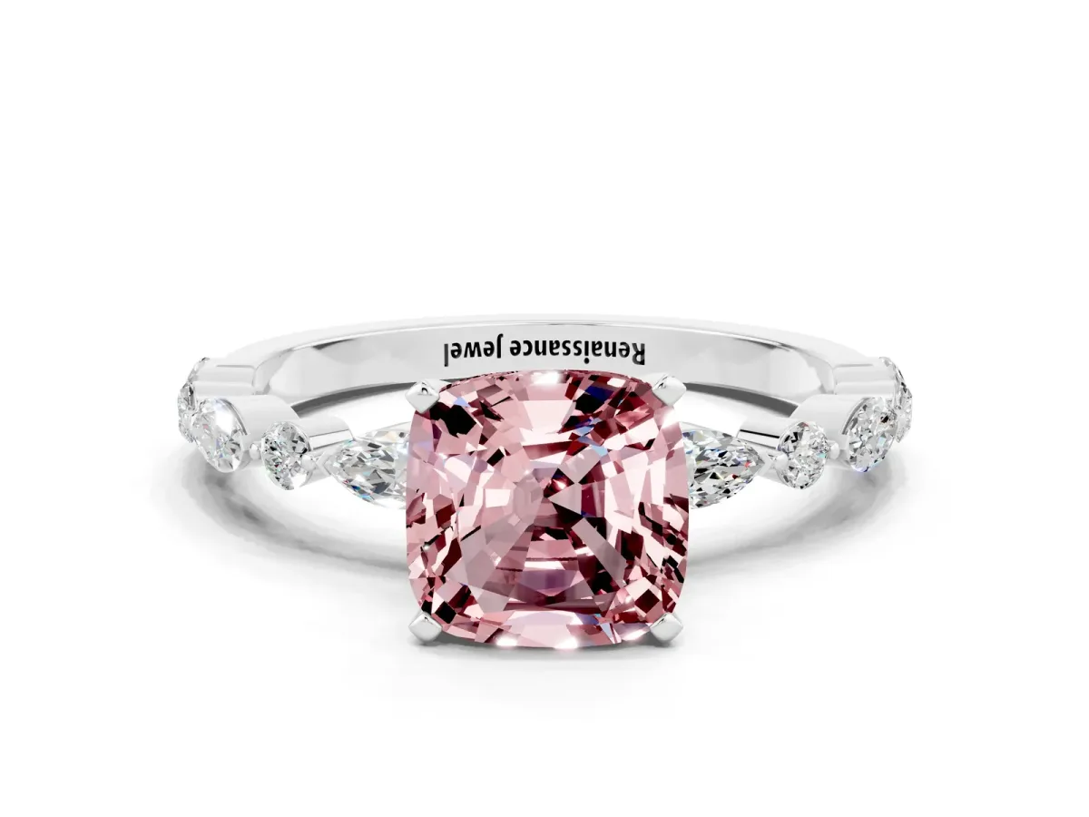 Cushion Cut Morganite Ring with Marquise and Round Side Stones and Four-Prong Setting Platinum