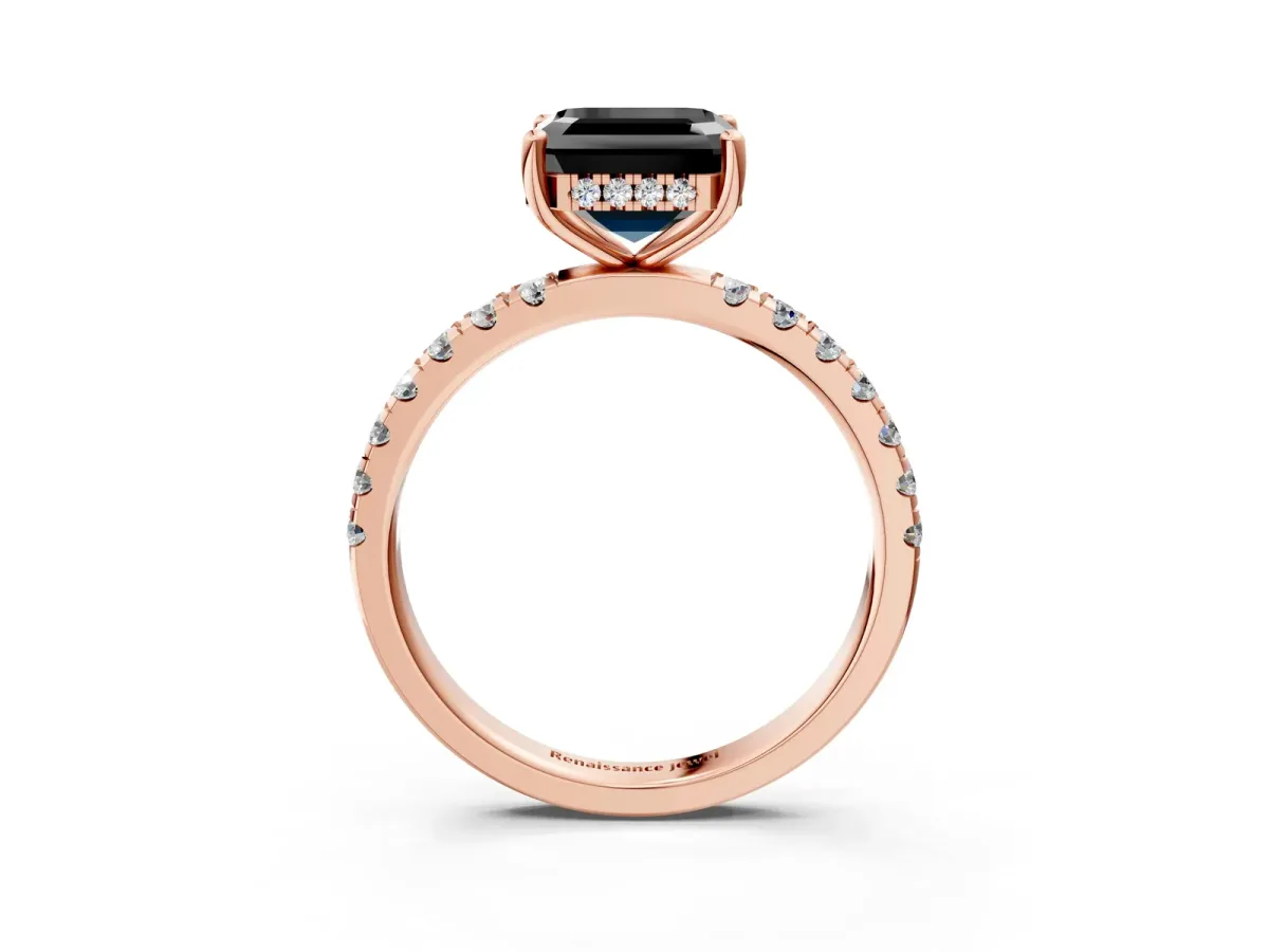Fancy Black Asscher Cut Diamond Pave Band Solitaire Ring with Round and Prong Setting Rose gold
