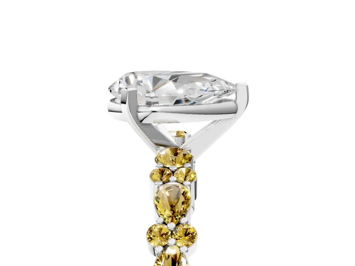 Pear Cut Diamond Side Stone Solitaire Ring with Round Yellow Sapphire and Four-Prong Setting Platinum