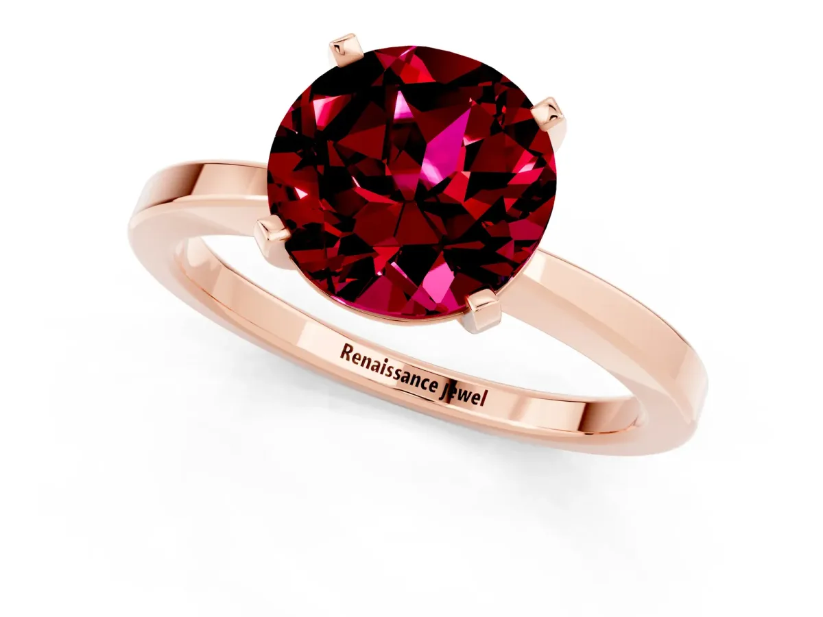 Round Cut Garnet Solitaire Engagement Ring with Classic Band and Four-Prong Setting Rose gold