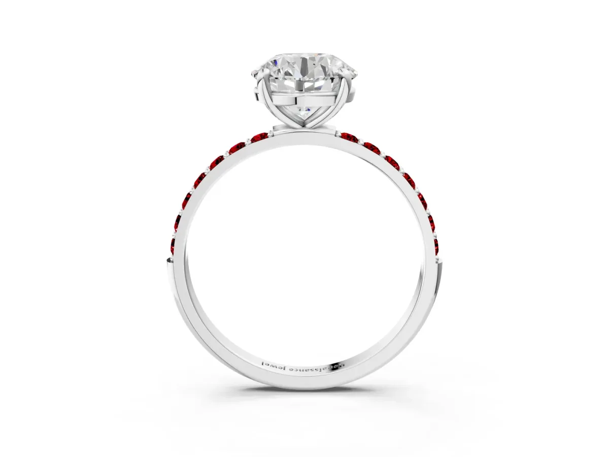 Round Cut Diamond Solitaire Ring with Round Ruby Pavé Band and Prong Setting White gold