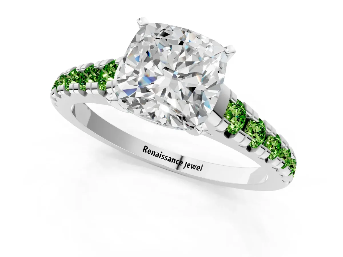 Cushion Cut Diamond Cathedral Solitaire Ring with Round Peridot Pavé Band Silver