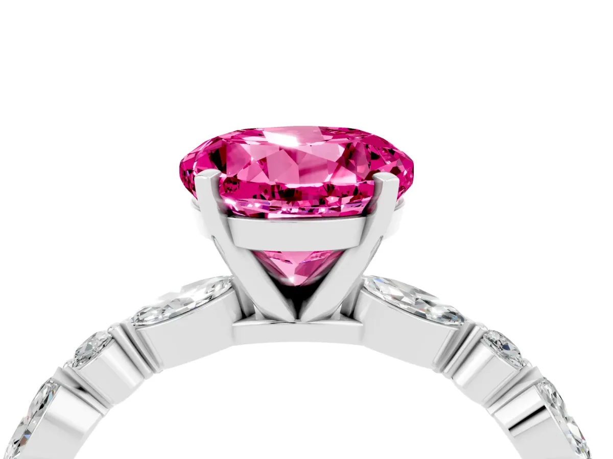 Round Cut Pink Sapphire Ring with Marquise and Round Side Stones and Four-Prong Setting Silver