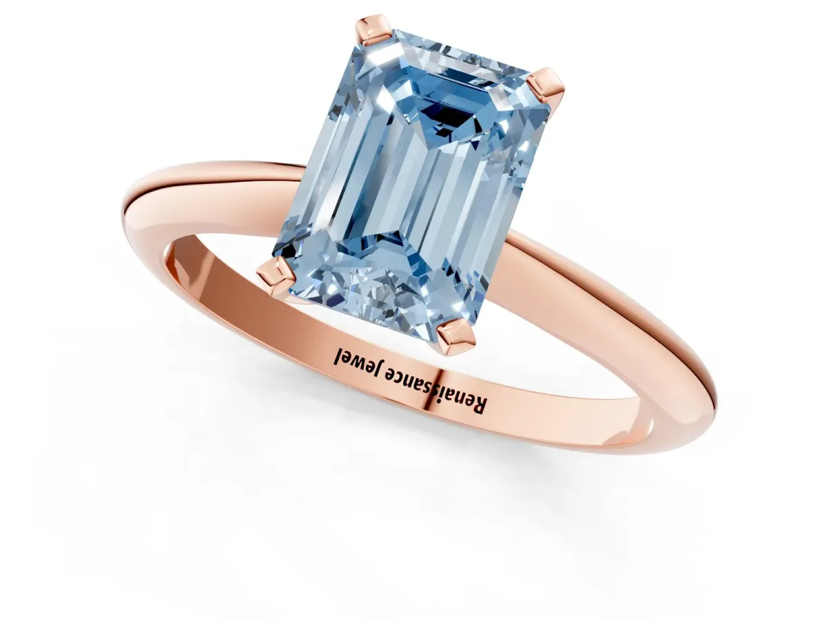 Fancy Blue Emerald Cut Diamond Solitaire Engagement Ring with Classic Band and Four-Prong Setting Rose gold