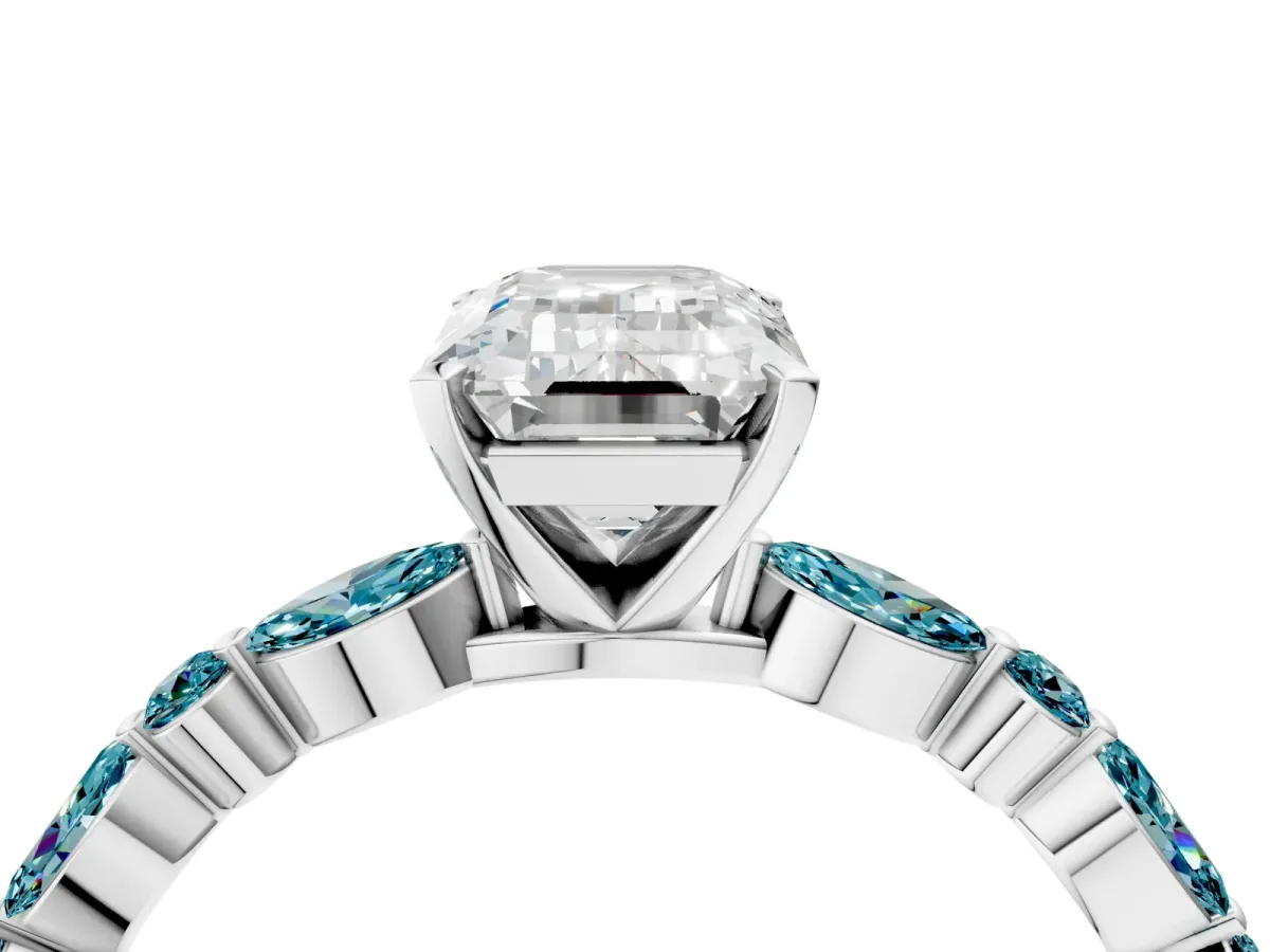 Emerald Cut Diamond Ring with Marquise and Round Blue Topaz Side Stones and Four-Prong Setting Silver