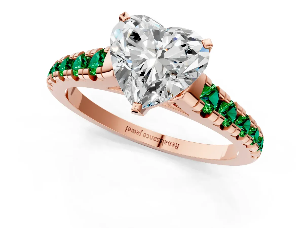 Heart Cut Diamond Cathedral Solitaire Ring with Round Emerald Pavé Band Rose gold