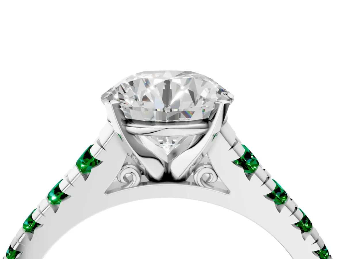 Round Cut Diamond Cathedral Solitaire Ring with Round Emerald Pavé Band White gold