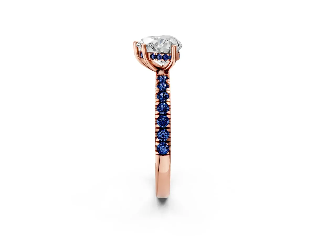 Heart Cut Diamond Pave Band Solitaire Ring with Round Blue Sapphire and Prong Setting Rose gold