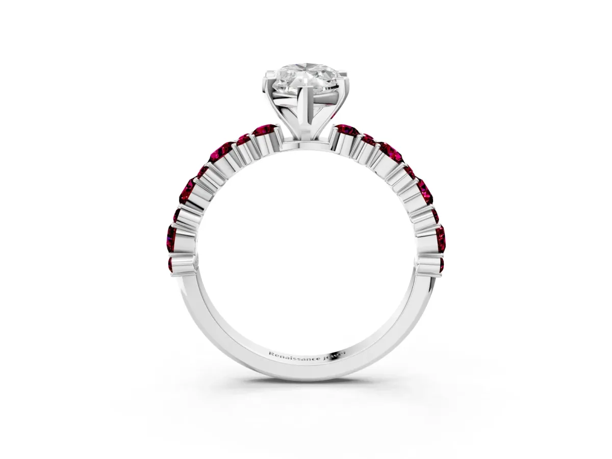Marquise Cut Diamond Side Stone Solitaire Ring with Round Garnet and Four-Prong Setting Platinum