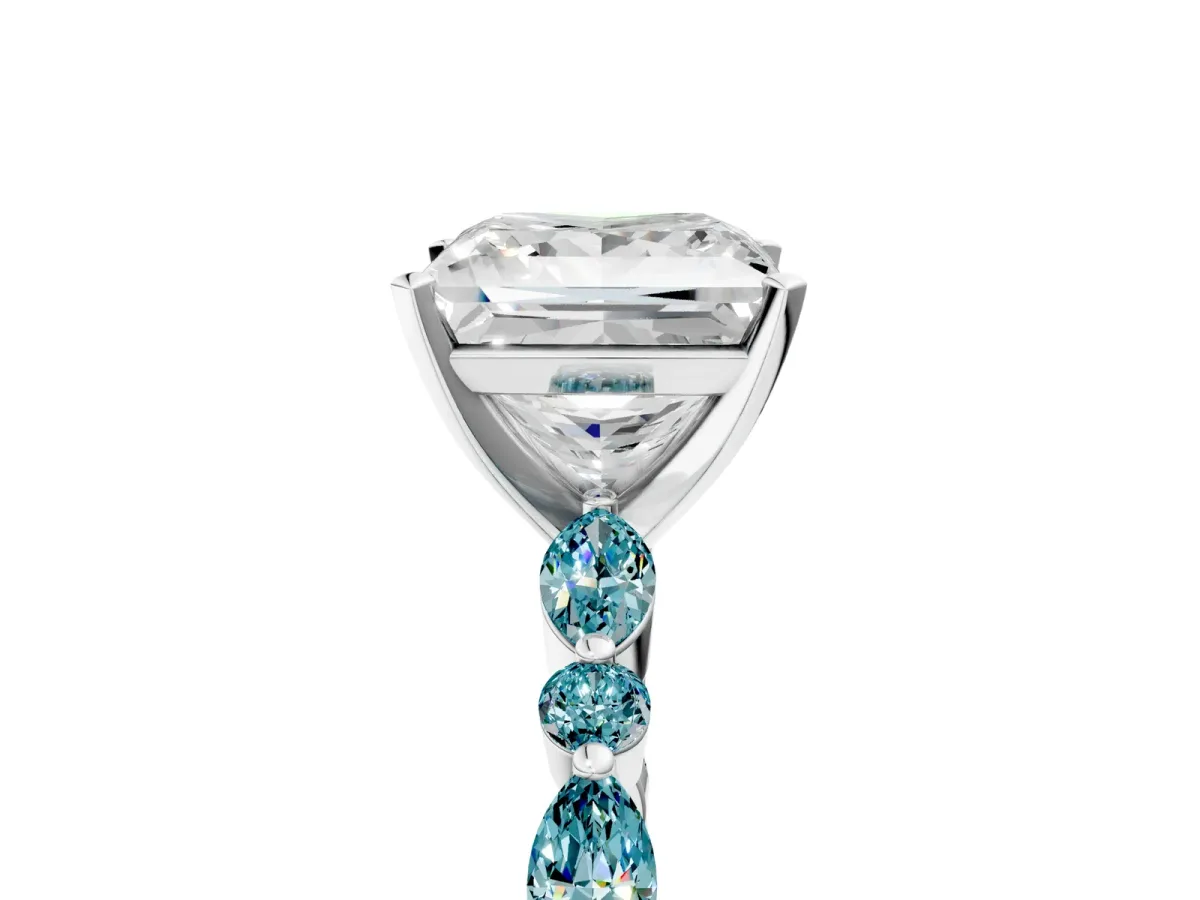 Princess Cut Diamond Ring with Marquise and Round Blue Topaz Side Stones and Four-Prong Setting Silver