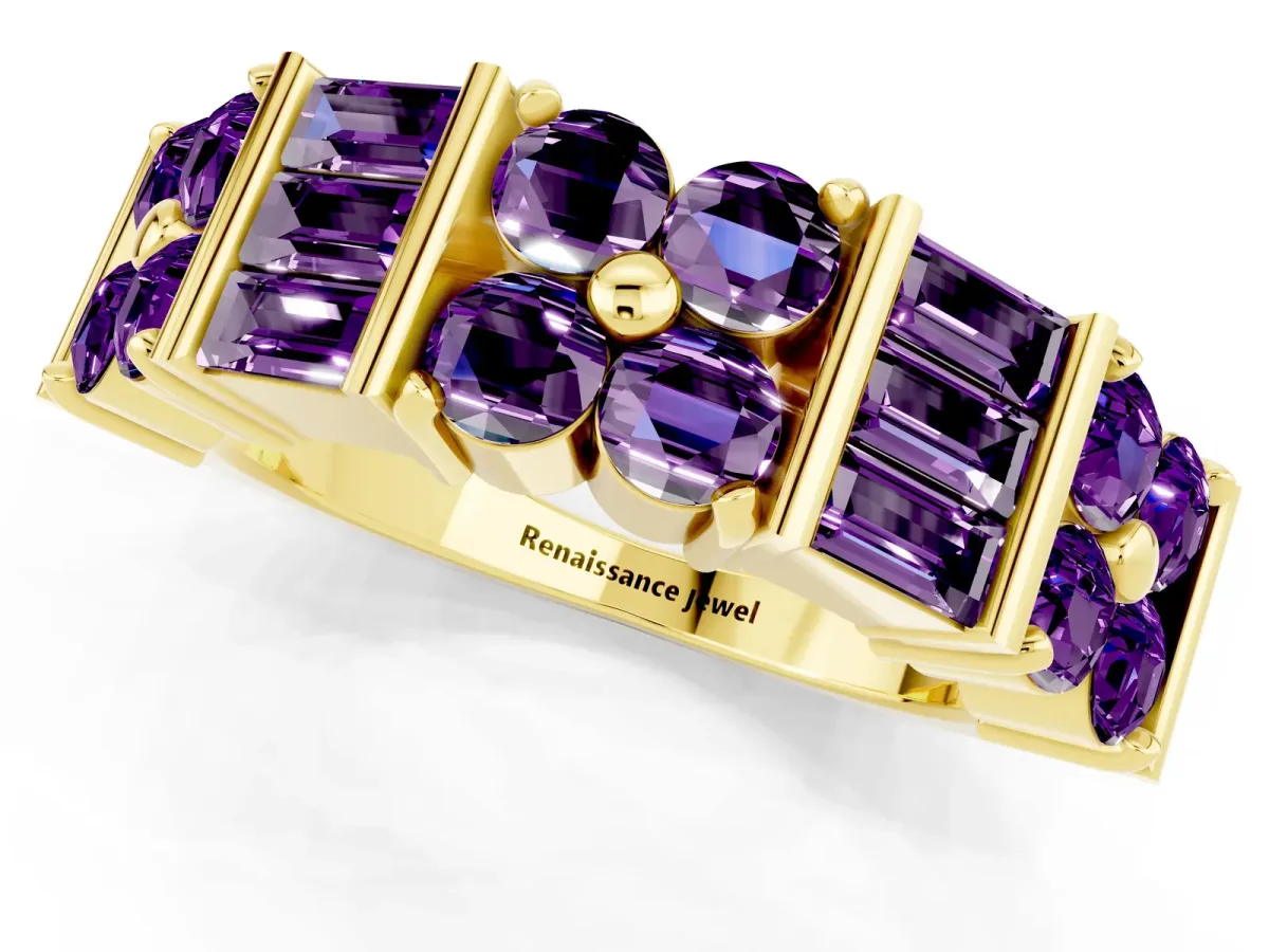 Channel Set Round and Baguette Amethyst Anniversary Band with Prong Setting Yellow gold
