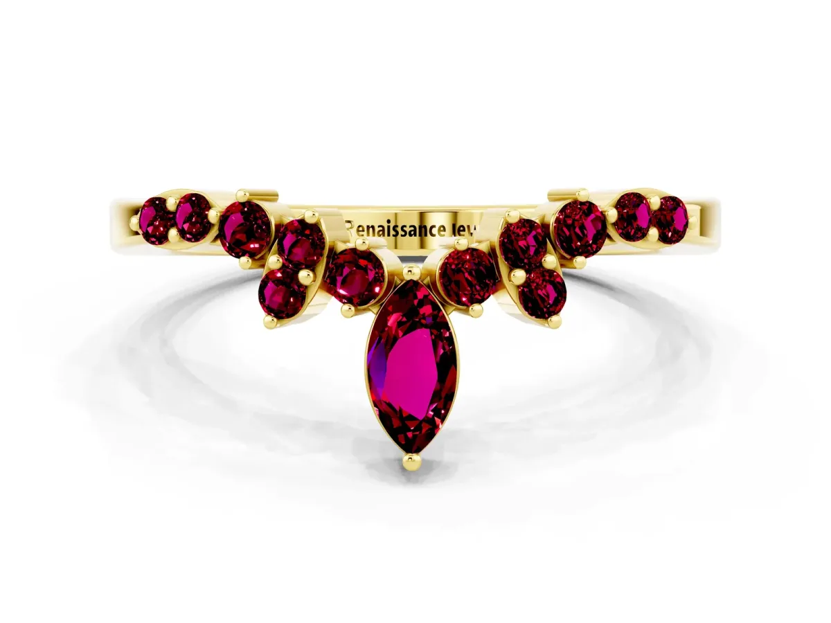 Marquise and Round Garnet Chevron Band with Prong Setting Yellow gold