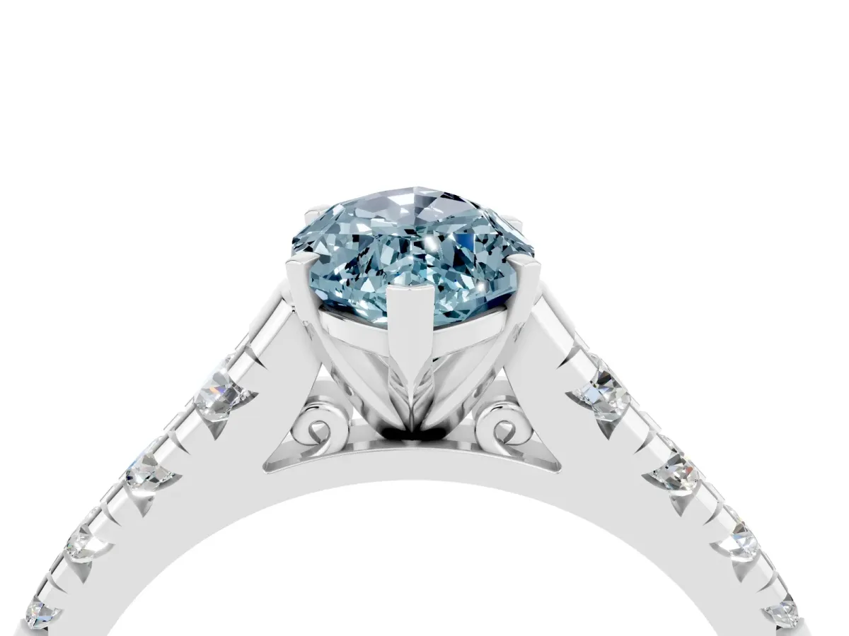 Marquise Cut Aquamarine Cathedral Solitaire Ring with Round Pavé Band Silver