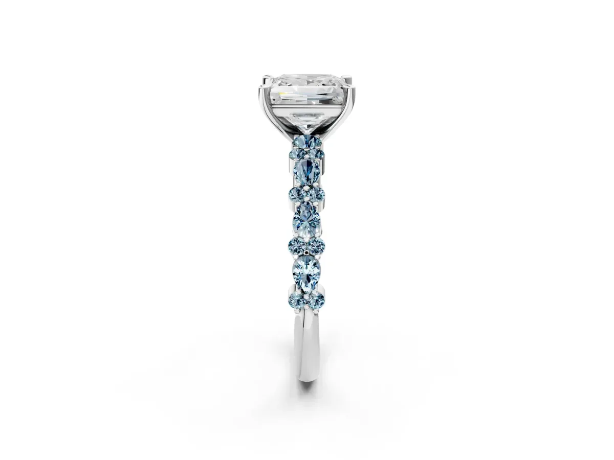Princess Cut Diamond Side Stone Solitaire Ring with Round Aquamarine and Four-Prong Setting Platinum