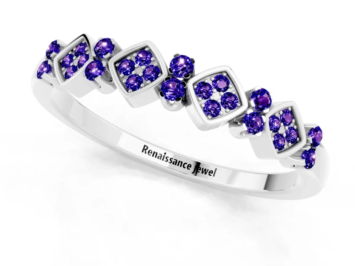 Pavé Cushion Tanzanite Cluster Eternity Band with Prong Setting Platinum
