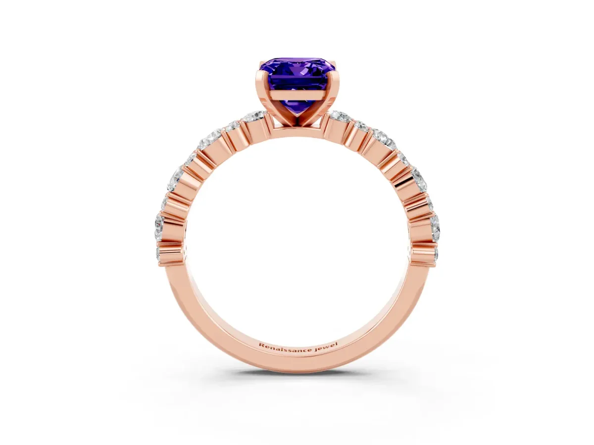 Emerald Cut Tanzanite Side Stone Solitaire Ring with Round and Four-Prong Setting Rose gold