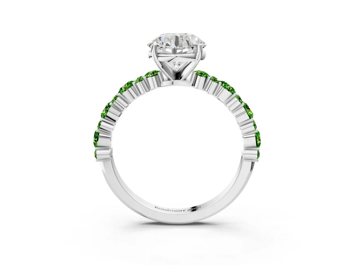 Round Cut Diamond Side Stone Solitaire Ring with Round Tanzanite and Four-Prong Setting Silver